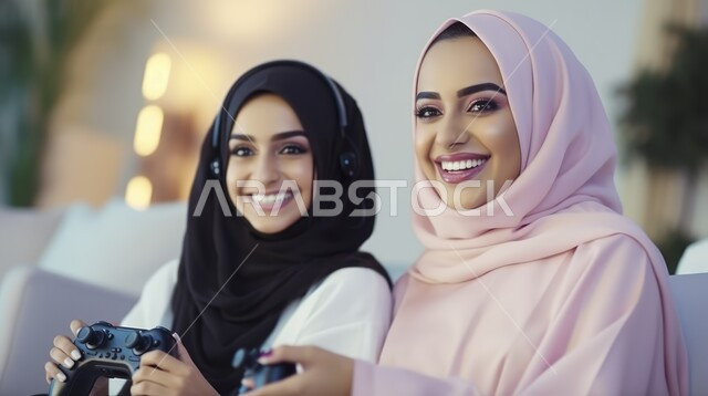 التسلية والمتعة باللعب الجماعي، الاستمتاع بالتقنيات والتكنولوجيا الحديثة، سيدتان عربيتان خليجيتان سعوديتان محجبتان مبتسمتان ترتديان سماعة الرأس تلعبان بألعاب الفيديو، برامج الكمبيوتر الترفيهية، الشعور بالسعادة والفرح