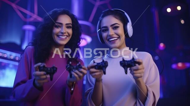 التسلية والمتعة باللعب الجماعي، الاستمتاع بالتقنيات والتكنولوجيا الحديثة، سيدتان عربيتان خليجيتان سعوديتان مبتسمتان تنظران الى الكاميرا ترتديان سماعة الرأس تلعبان بألعاب الفيديو، برامج الكمبيوتر الترفيهية، الشعور بالسعادة والفرح