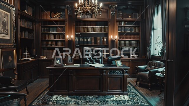 A work office with luxurious classic decorations and furniture, modern design for Saudi corporate offices, office rooms with interior designs and upscale leather decorations, reading and sitting rooms.