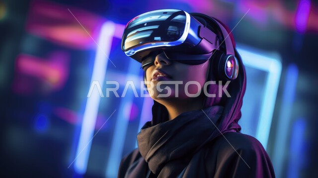 مفهوم التقنيات الإلكترونية الحديثة، إيماءات الفرح والسرور، صورة مقربة لامرأة عربية خليجية سعودية محجبة ترتدي العباءة ونظارات الواقع الإفتراضي (في آر) ثلاثية الأبعاد، الاستمتاع في قضاء اوقات ترفيهية
