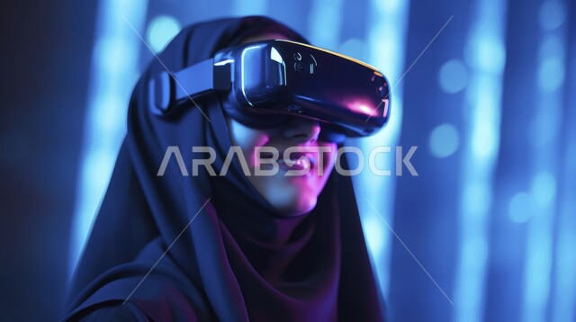 مفهوم التقنيات الإلكترونية الحديثة، إيماءات الفرح والسرور، صورة مقربة لامرأة عربية خليجية سعودية محجبة ترتدي العباءة ونظارات الواقع الإفتراضي (في آر) ثلاثية الأبعاد، الاستمتاع في قضاء اوقات ترفيهية