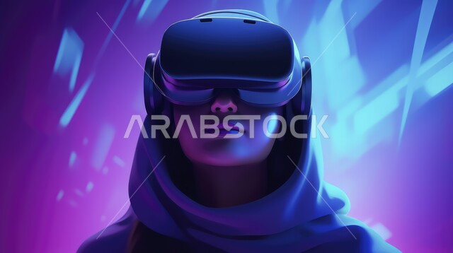 مفهوم التقنيات الإلكترونية الحديثة، إيماءات الفرح والسرور، صورة مقربة لامرأة عربية خليجية سعودية محجبة ترتدي العباءة ونظارات الواقع الإفتراضي (في آر) ثلاثية الأبعاد، الاستمتاع في قضاء اوقات ترفيهية