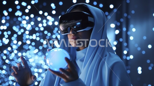 مفهوم التقنيات الإلكترونية الحديثة، إيماءات الفرح والسرور، صورة مقربة لامرأة عربية خليجية سعودية محجبة ترتدي العباءة ونظارات الواقع الإفتراضي (في آر) ثلاثية الأبعاد تمسك بيدها كرة زجاجية، الاستمتاع في قضاء اوقات ترفيهية