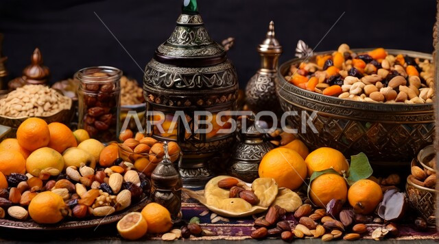 أطباق مليئة بالتمر والفواكه المجففة واللوز الطازجة، تمور ومكسرات صحية لذيذة، ضيافة رمضانية شهية، غذاء صحي ومفيد، وجبة غذائية عالية الأهمية، منتجات ومحاصيل زراعية محلية سعودية وطنية