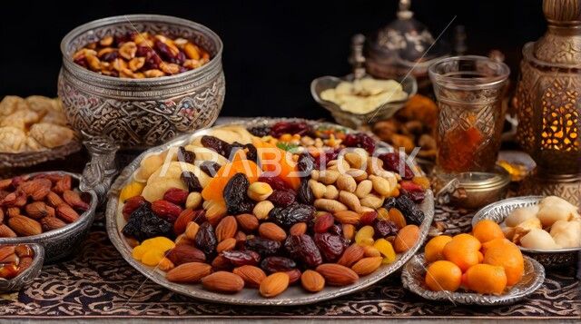  تمور ومكسرات صحية لذيذة، ضيافة رمضانية شهية، غذاء صحي ومفيد، وجبة غذائية عالية الأهمية، منتجات ومحاصيل زراعية محلية سعودية وطنية، أطباق مليئة بالتمر والفواكه المجففة واللوز الطازجة