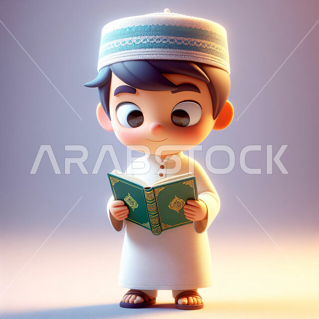 الاجتهاد في العباده والتقرب الى الله في شهر رمضان المبارك، تصميم ثلاثي الأبعاد لطفل عربي خليجي سعودي يرتدي العباءة والقبعة الإسلامية البيضاء يقف يمسك بيده القرآن الكريم، مفهوم حفظ وتلاوة كتاب الله, خلفية رمادية