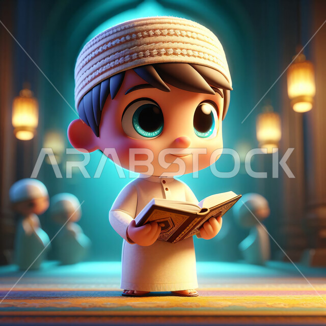 The concept of memorizing and reciting the Book of God, a three-dimensional design of a Saudi Gulf Arab child wearing the abaya and a white Islamic hat standing in the mosque holding the Holy Qur’an in his hand, diligence in worship and getting closer to God in the blessed month of Ramadan