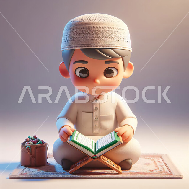 الاجتهاد في العباده والتقرب الى الله في شهر رمضان المبارك، تصميم ثلاثي الأبعاد لطفل عربي خليجي سعودي يرتدي العباءة والقبعة الإسلامية البيضاء يجلس يمسك بيده القرآن الكريم، مفهوم حفظ وتلاوة كتاب الله, خلفية رمادية