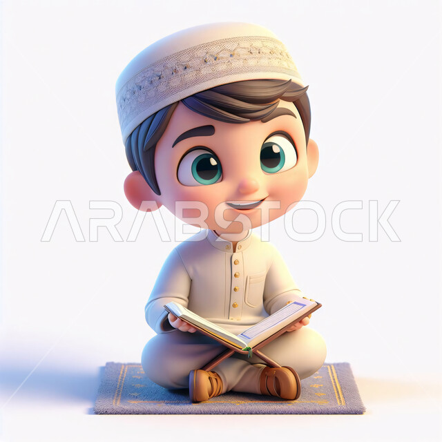 تصميم ثلاثي الأبعاد لطفل عربي خليجي سعودي يرتدي العباءة والقبعة الإسلامية البيضاء يجلس يمسك بيده القرآن الكريم، الاجتهاد في العباده والتقرب الى الله في شهر رمضان المبارك، مفهوم حفظ وتلاوة كتاب الله, خلفية بيضاء