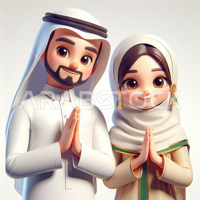 ايماءات وجه ويدين تدل على الحمد والامتنان, بورتريه مقرب لرجل عربي خليجي سعودي مبتسم يرتدي الشماغ والثوب التقليدي يقف بجانب زوجته المحجبة، النظر الى الكاميرا بتعابير الشكر والتقدير، مفهوم الترحيب والسلام، خلفية رمادية