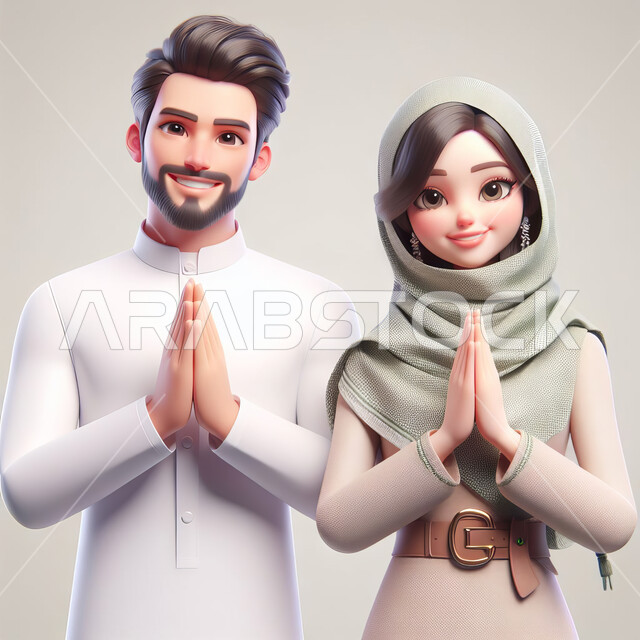 ايماءات وجه ويدين تدل على الحمد والامتنان, بورتريه مقرب لرجل عربي خليجي سعودي مبتسم يرتدي الشماغ والثوب التقليدي يقف بجانب زوجته المحجبة، النظر الى الكاميرا بتعابير الشكر والتقدير، مفهوم الترحيب والسلام، خلفية رمادية