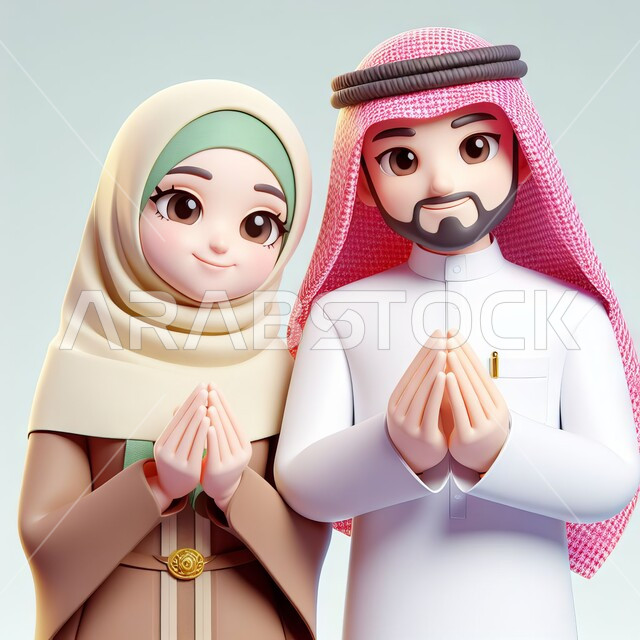 The concept of welcome and peace, facial and hand gestures indicating praise and gratitude, a close-up portrait of a smiling Saudi Gulf Arab man wearing a shemagh and traditional thobe, standing next to his veiled wife, looking at the camera with expressions of thanks and appreciation, white background