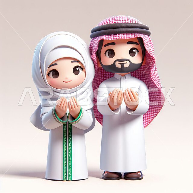 مفهوم الدعاء والاجتهاد في العبادة، ايماءات وجه ويدين تدل على الحمد والامتنان, بورتريه مقرب لرجل عربي خليجي سعودي مبتسم يرتدي الشماغ والثوب التقليدي يقف بجانب زوجته المحجبة ينظران الى الكاميرا، صورة الجسم بالطول الكامل، خلفية بيضاء