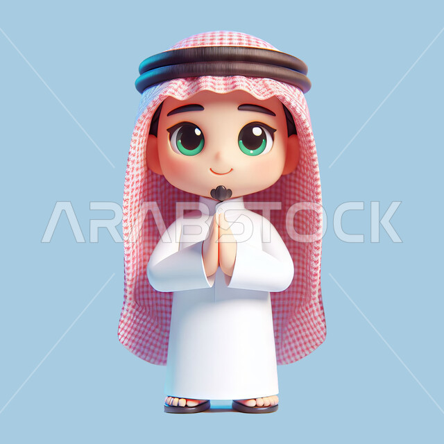 مفهوم الترحيب والسلام، ايماءات وجه ويدين تدل على الحمد والامتنان, بورتريه مقرب لرجل عربي خليجي سعودي مبتسم يرتدي الشماغ والثوب التقليدي ينظر الى الكاميرا بتعابير الشكر والتقدير، خلفية زرقاء