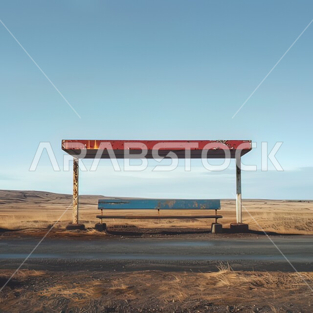 محطة حافلات قديمة، مقعد انتظار مهجور على شارع اسفلتي في النهار، محطات التوقف في المناطق الصحراوية، طرقات السفر السريعة في ضواحي المملكة العربية السعودية 