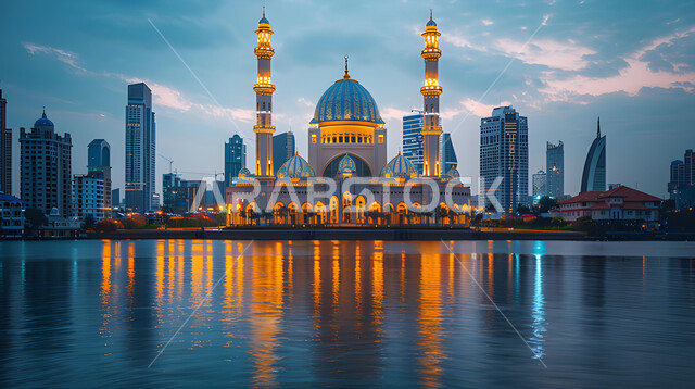 الفن الهندسي المعماري المتميز لمسجد مطل على البحيرة ليلا، ديكورات وتصاميم على الطراز الإسلامي، العبادة والتقرب إلى الله، آداء الفرائض والصلوات، القبب والمآذن المضيئة، خلفيات وأجواء رمضانية