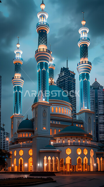 القبب والمآذن المضيئة في الليل، الفن الهندسي المعماري المتميز لمسجد وسط المدينة، ديكورات وتصاميم على الطراز الإسلامي، العبادة والتقرب إلى الله، أداء الفرائض والصلوات، خلفيات وأجواء رمضانية 
