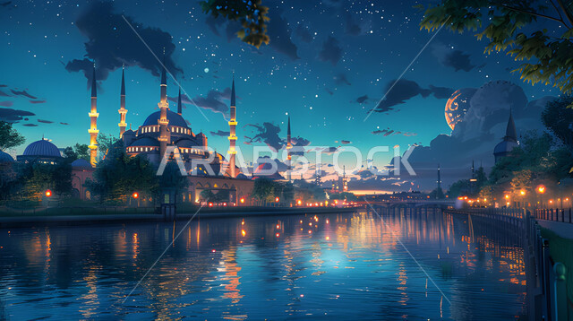 الفن الهندسي المعماري المتميز لمسجد مطل على البحيرة ليلا، ديكورات وتصاميم على الطراز الإسلامي، العبادة والتقرب إلى الله، أداء الفرائض والصلوات، القبب والمآذن المضيئة، خلفيات وأجواء رمضانية 