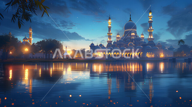 الفن الهندسي المعماري المتميز لمسجد مطل على البحيرة ليلا، ديكورات وتصاميم على الطراز الإسلامي، العبادة والتقرب إلى الله، أداء الفرائض والصلوات، القبب والمآذن المضيئة، خلفيات وأجواء رمضانية 