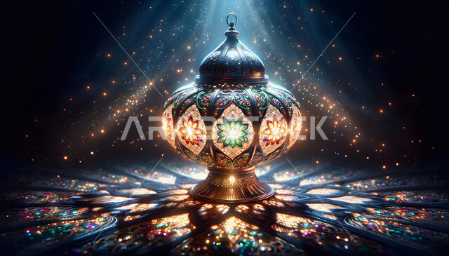 فانوس رمضان المضيء، اجواء دينية رمضانية، مصباح معدني عربي تقليدي، زينة وأنوار شهر الخير، تحف وتصاميم وديكورات هندسية اسلامية