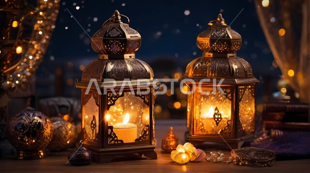 زينة وأنوار شهر الخير، تحف وتصاميم وديكورات هندسية اسلامية، مصباح معدني عربي تقليدي، فانوس رمضان المضيء، اجواء دينية رمضانية