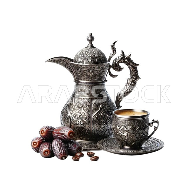 تمور المملكة العربية السعودية، مفهوم رمضان والأعياد والمناسبات، تقديم المشروبات الساخنة، دلة قهوة عربية فضية مع فنجان،  منتج وطني محلي، الكرم وحسن الضيافة والإستقبال عند العرب، خلفية بيضاء