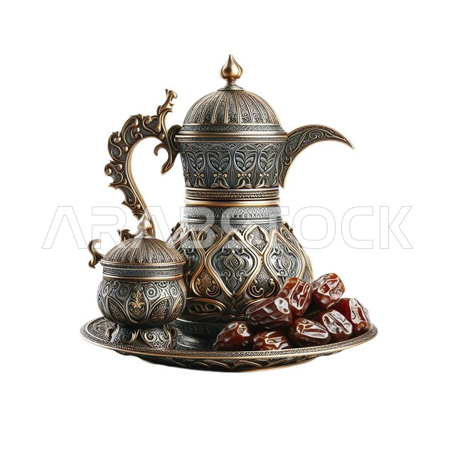 مفهوم رمضان والأعياد والمناسبات، تقديم المشروبات الساخنة، دلة قهوة عربية فضية مع فنجان،  منتج وطني محلي، الكرم وحسن الضيافة والإستقبال عند العرب، تمور المملكة العربية السعودية، خلفية بيضاء