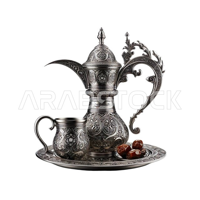 تقديم المشروبات الساخنة، دلة قهوة عربية فضية مع فنجان،  منتج وطني محلي، الكرم وحسن الضيافة والإستقبال عند العرب، تمور المملكة العربية السعودية، مفهوم رمضان والأعياد والمناسبات، خلفية بيضاء