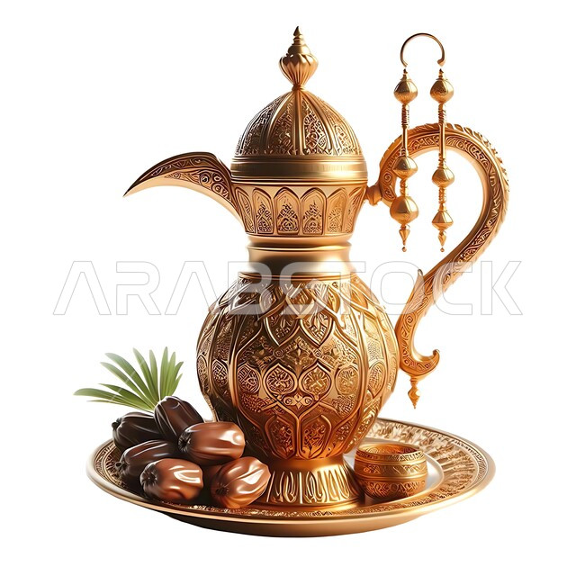منتج وطني محلي، تمور المملكة العربية السعودية، مفهوم رمضان والأعياد والمناسبات، تقديم المشروبات الساخنة، دلة قهوة عربية ذهبية مع فنجان،  الكرم وحسن الضيافة والإستقبال عند العرب، خلفية بيضاء