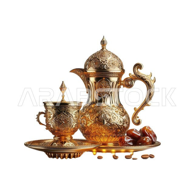 Generosity, hospitality and reception among the Arabs, a local national product, dates of the Kingdom of Saudi Arabia, the concept of Ramadan, holidays and events, serving hot drinks, a golden Arabic coffee dallah with a cup, a white background
