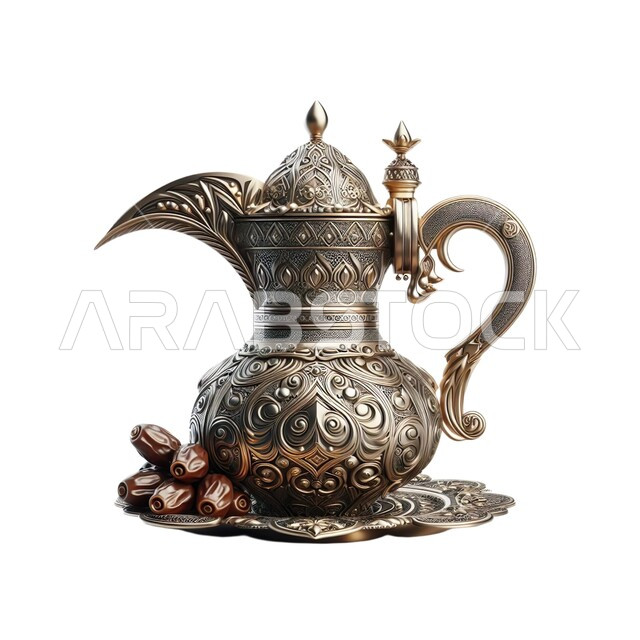 دلة قهوة عربية فضية بتصاميم شعبية،  تقديم المشروبات الساخنة، منتج وطني محلي، الكرم وحسن الضيافة والإستقبال عند العرب، تمور المملكة العربية السعودية، مفهوم رمضان والأعياد والمناسبات، خلفية بيضاء