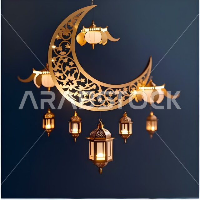 Crescent, lanterns and traditional Islamic antiques to celebrate the coming of the month of goodness, Islamic art antiques and accessories, illuminated ornate metal Arabic lantern, lighting and decorations for the holy month of Ramadan, decorations and lights in the spiritual Ramadan atmosphere, black background