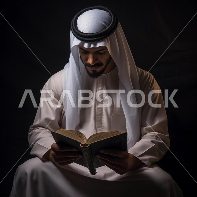 مفهوم التثقيف والبحث العلمي، هواية المطالعة والاستكشاف، قضاء وقت الفراغ بالتعلم والثقافة، بورتريه مقرب من الجانب لشاب عربي خليجي سعودي يرتدي الغترة والثوب التقليدي يجلس على كرسي يقوم بقراءة كتاب بتعابير التركيز والتمعن, خلفية سوداء