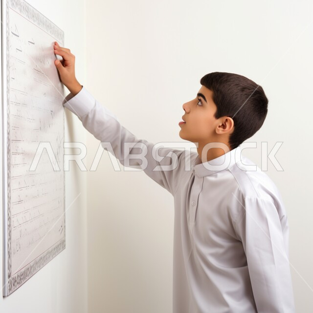 الوقوف أمام البورد الابيض, متعة الحصص التعليمية, تنمية القدرات اللغوية والفكرية للطلاب، بورتريه مقرب لولد عربي خليجي سعودي يرتدي الثوب التقليدي يقوم بقراءة المعلومات من السبورة، المدارس والمعاهد في المملكة العربية السعودية، خلفية بيضاء