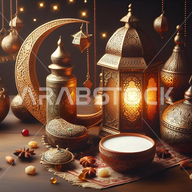 Accessories and decorations for holidays and occasions, national local products, hospitality for the month of goodness, iftar for the fasting person in Ramadan, a glowing traditional metal lantern next to a bowl of milk, the atmosphere of the holy month, traditional Islamic lanterns and antiques to celebrate the arrival of religious occasions