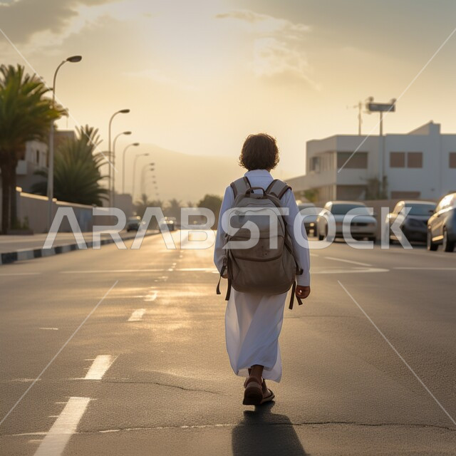 Seriousness, diligence and morning activity, a picture from the back of a Saudi Gulf Arab boy wearing a traditional dress and a school bag going to school, the start of the morning shift in schools in the Kingdom of Saudi Arabia, paved asphalt roads and streets in the cities.