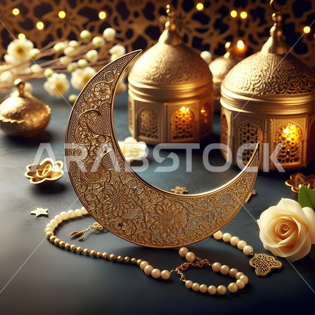 Ornate golden metal crescent, inscriptions and decorations in the old Islamic style, Muslims’ preparation to welcome the month of goodness, celebration of religious occasions, lanterns, decorations and lighting for the Holy Ramadan, Islamic designs and decorations