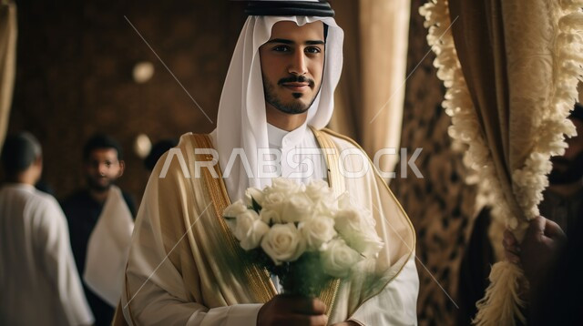 مفهوم الأناقة والاهتمام بالمظهر الخارجي، حضور الحفلات والاجتماعات العائلية، صورة مقربة لشاب عربي خليجي سعودي مبتسم يرتدي الغترة والبشت مع الثوب التقليدي يحمل بيده باقة من الورود البيضاء ينظر الى الكاميرا بتعابير السرور والثقة بالنفس، ايماءات الرجولة والقوة