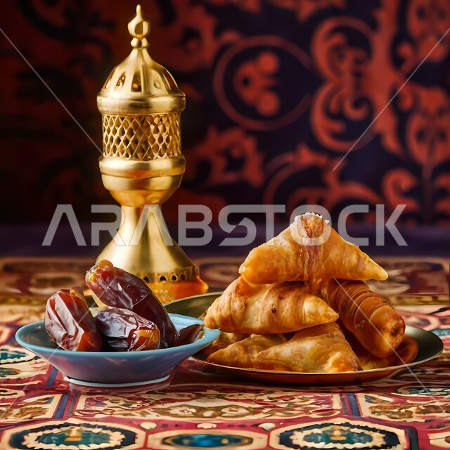 تحف وزينة رمضان،  فانوس ذهبي معدني، صحن من تمر خلاص الصحي والذيذ مع الكرواسان، تمور المملكه العربيه السعوديه، منتج وطني محلي