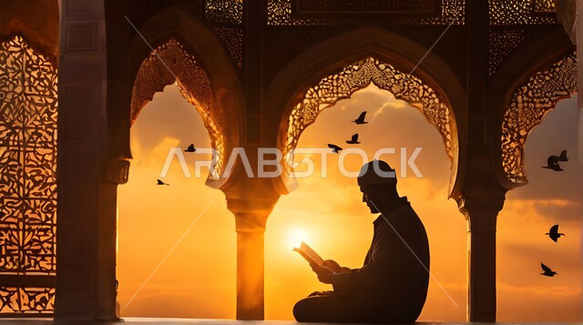 صورة ظليلية لرجل عربي خليجي سعودي يقوم بقراءة القرآن، منظر غروب الشمس من داخل المسجد، الفن الهندسي المعماري للجوامع والمساجد على الطراز الاسلامي، العبادة والتقرب إلى الله