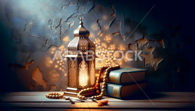 زينة وديكورات الاحتفال بالمناسبات الدينية، الاستعداد والتحضير لاستقبال شهر رمضان المبارك، مكان مخصص للعبادة والطاعة والتقرب الى الله، المصحف الشريف وسبحة التهليل مع فوانيس معدنية مزخرفة مضيئة على طاولة خشبية