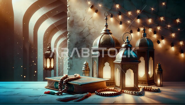 الاستعداد والتحضير لاستقبال شهر رمضان المبارك، مكان مخصص للعبادة والطاعة والتقرب الى الله، المصحف الشريف وسبحة التهليل مع فوانيس معدنية مزخرفة مضيئة على طاولة خشبية، زينة وديكورات الاحتفال بالمناسبات الدينية