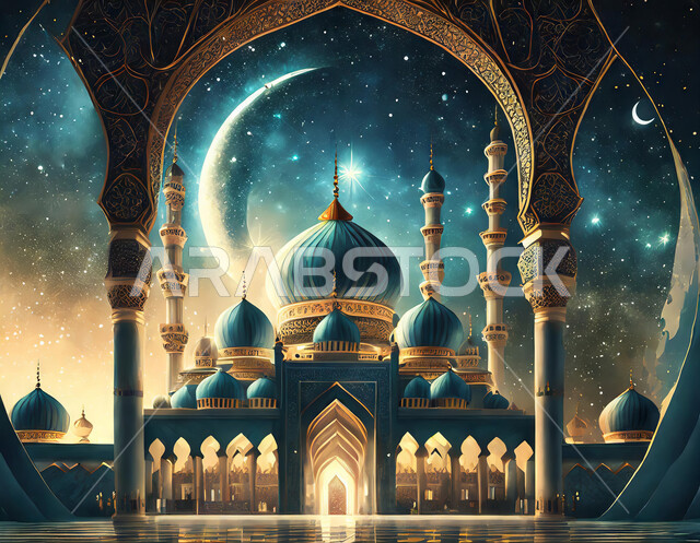 الديكورات والتصاميم الخارجية الحديثة لبناء مسجد, أماكن إسلامية مقدسة، نداء المسلمين لأداء الفرائض والصلوات, العبادة والتقرب من الله, الفن الهندسي المعماري لبناء المساجد في المملكة العربية السعودية, خلفية الهلال المضيء في السماء