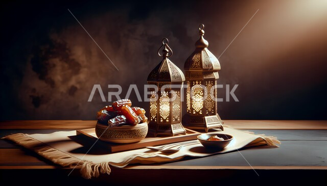 فوانيس و تحف اسلامية تقليدية للاحتفال بقدوم شهر الخير، ضيافة شهر رمضان المبارك، الفن الاسلامي للتحف والاكسسوارات، فوانيس عربية معدنية مزخرفة مضيئة بجانب وعاء مليء بالتمر، ديكورات وأنوار في الأجواء الرمضانية الروحانية