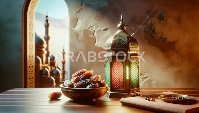  ديكورات وأنوار في الأجواء الرمضانية الروحانية، فوانيس و تحف اسلامية تقليدية للاحتفال بقدوم شهر الخير، ضيافة شهر رمضان المبارك، الفن الاسلامي للتحف والاكسسوارات، فوانيس عربية معدنية مزخرفة مضيئة بجانب وعاء مليء بالتمر