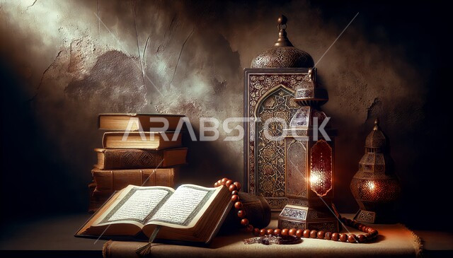 مكان مخصص للعبادة والطاعة والتقرب الى الله، زينة وديكورات الاحتفال بالمناسبات الدينية، الاستعداد والتحضير لاستقبال شهر رمضان المبارك، المصحف الشريف وسبحة التهليل مع فوانيس معدنية مزخرفة مضيئة على طاولة خشبية