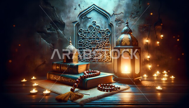 مكان مخصص للعبادة والطاعة والتقرب الى الله، زينة وديكورات الاحتفال بالمناسبات الدينية، الاستعداد والتحضير لاستقبال شهر رمضان المبارك، المصحف الشريف وسبحة التهليل مع فوانيس معدنية مزخرفة مضيئة على طاولة خشبية