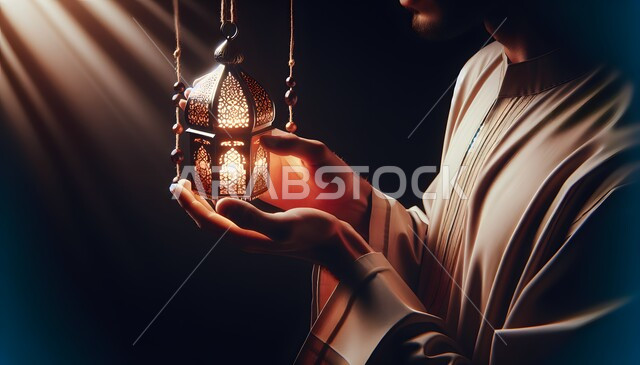 الاستعداد لاستقبال شهر رمضان المبارك، صورة مقربة لأيدي رجل عربي خليجي سعودي يحمل فانوس معدني مضيء، ديكورات وزينة الاعياد والمناسبات الدينية، أجواء رمضانية دينية روحانية
