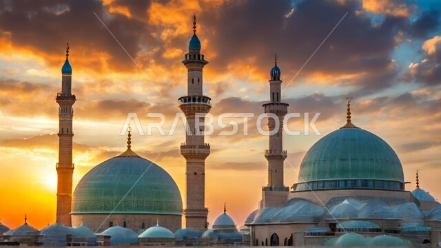 The view of the sky filled with clouds during sunset, the call to Muslims to perform obligatory prayers and prayers, worship and getting closer to God, the architectural engineering art of building mosques in the Kingdom of Saudi Arabia, modern exterior decorations and designs for building a mosque, Islamic holy places