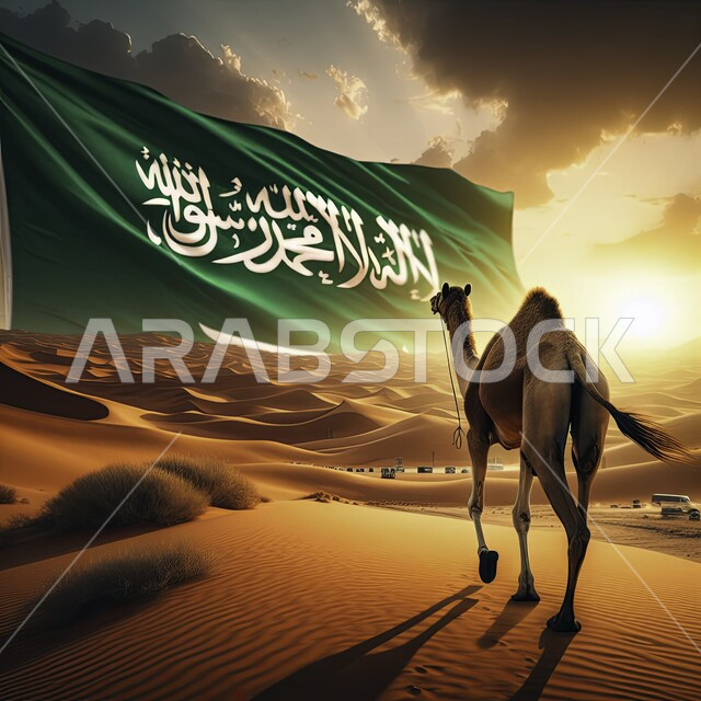 الاعتزاز والفخر بإنجازات الوطن وثقافته، احياء ذكرى اليوم الوطني السعودي 23 سبتمبر، يوم العلم 11 مارس، صورة من الخلف لجمل عربي أصيل في الصحراء، توريث حب تربية المواشي للابناء، خلفية العلم السعودي الاخضر مع سيف القوة وكلمة التوحيد